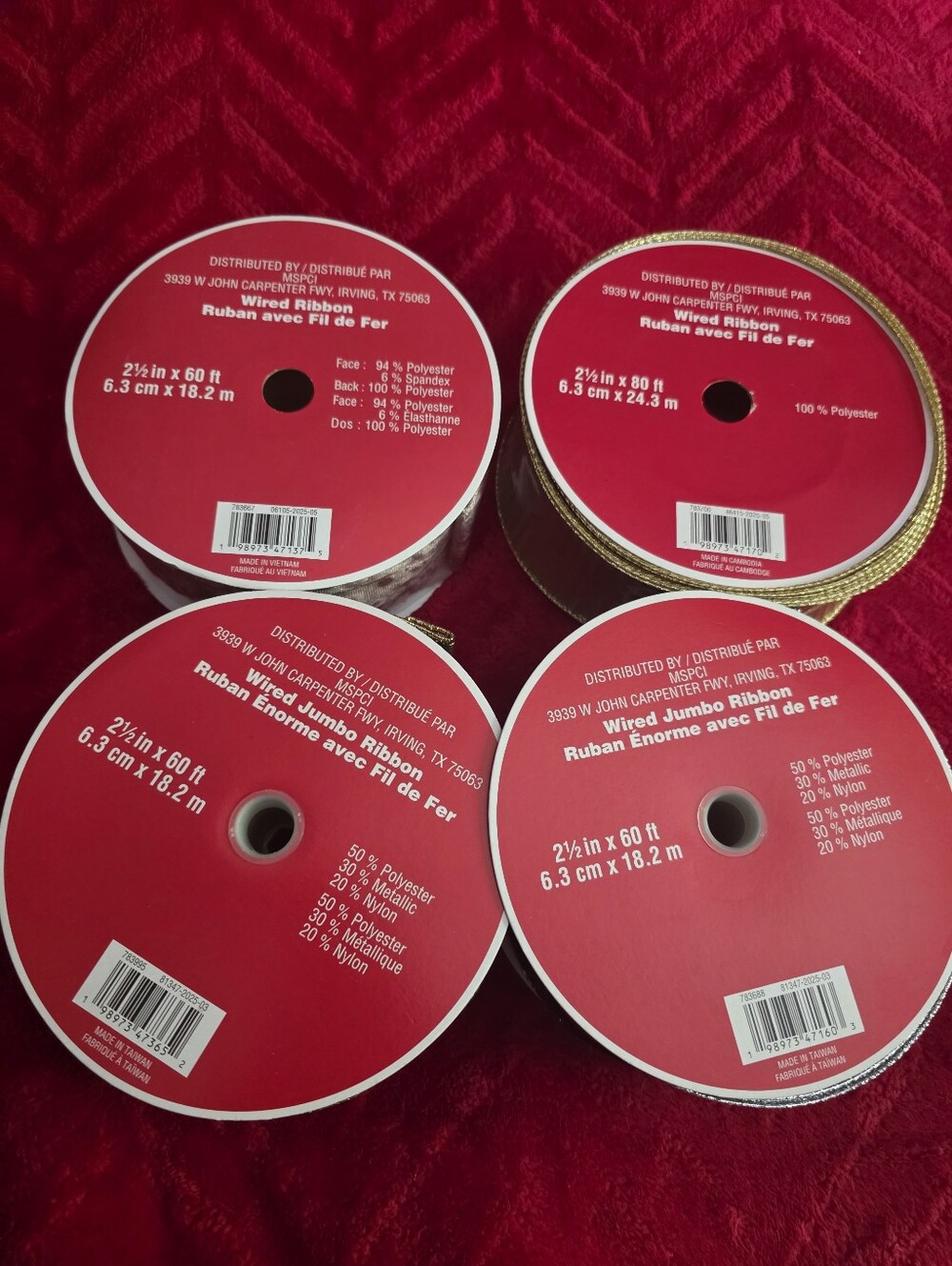 New Large Rolls Wired Ribbon Lot Of 4 Rolls